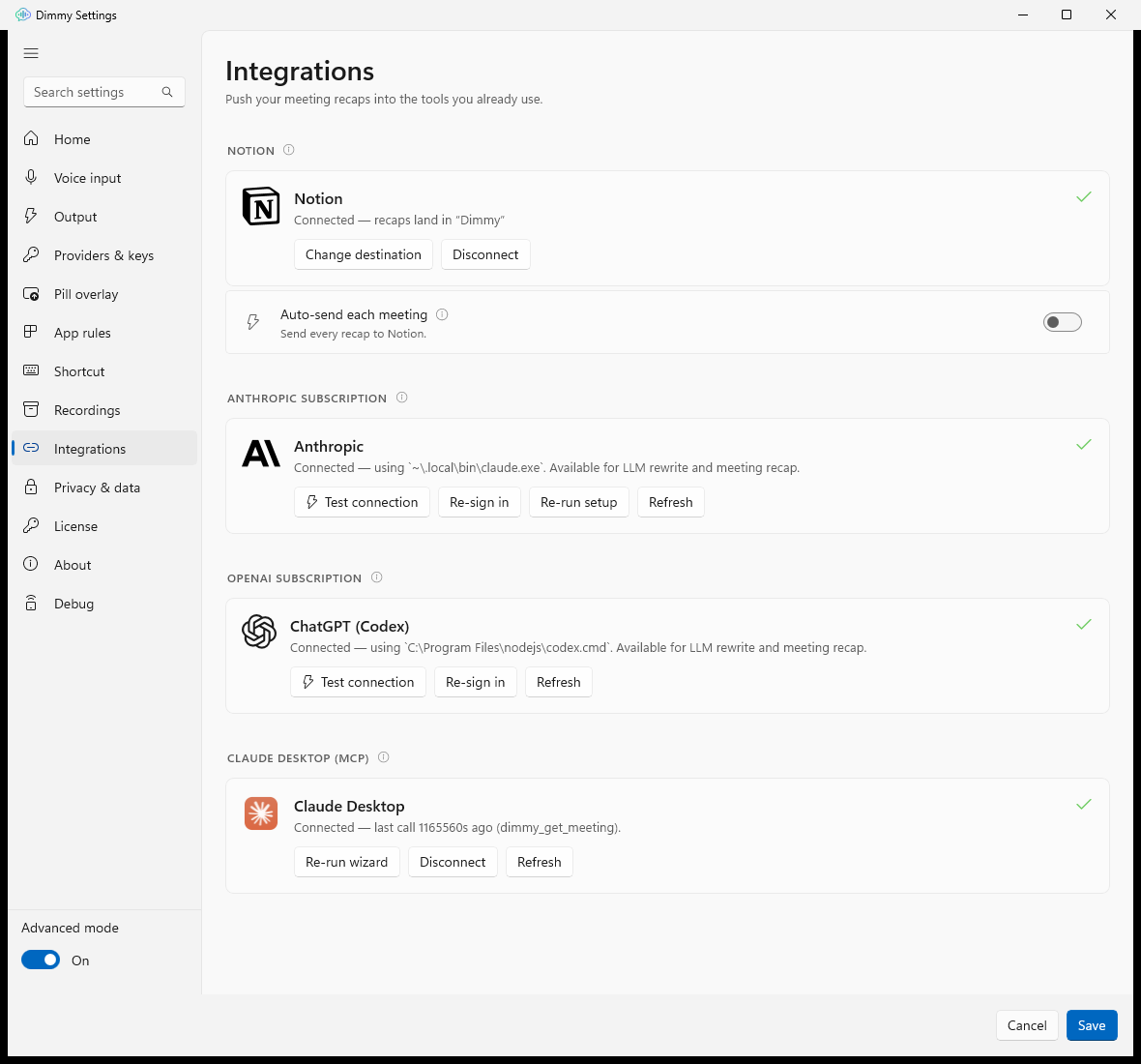 Settings → Integrations: the ChatGPT (Codex) subscription card showing a green signed-in state