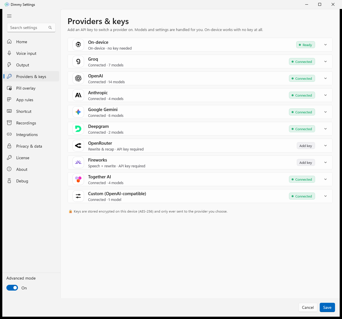 Settings window with sidebar showing all ten tabs